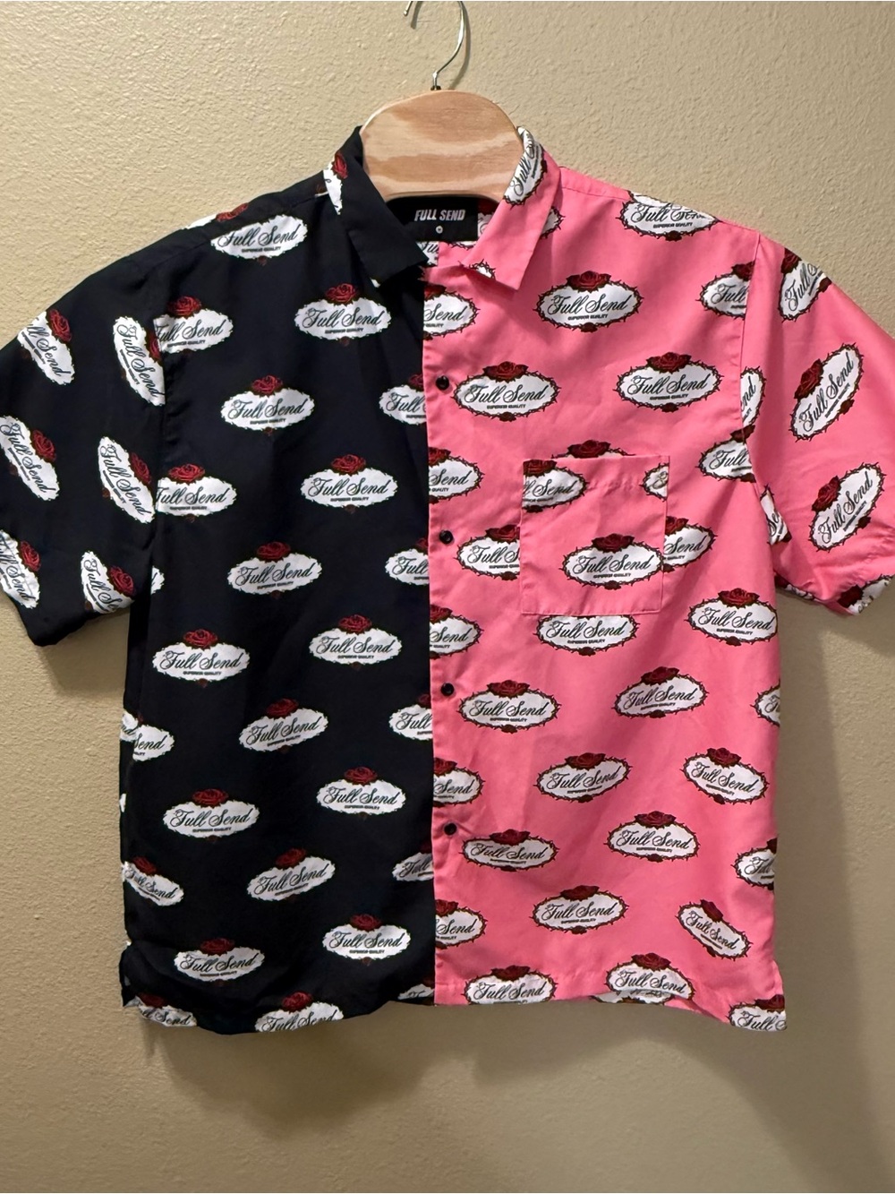 Men’s Medium Nelk Boys Full Send Pink Black Split Roses Button Up Shirt